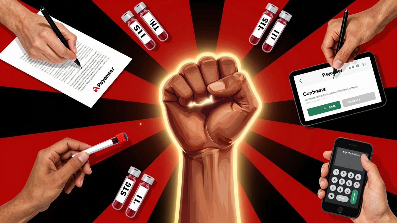 Hands signing contracts, test vials, payment notifications, and a phone dialing APAC, with a rising fist symbol.