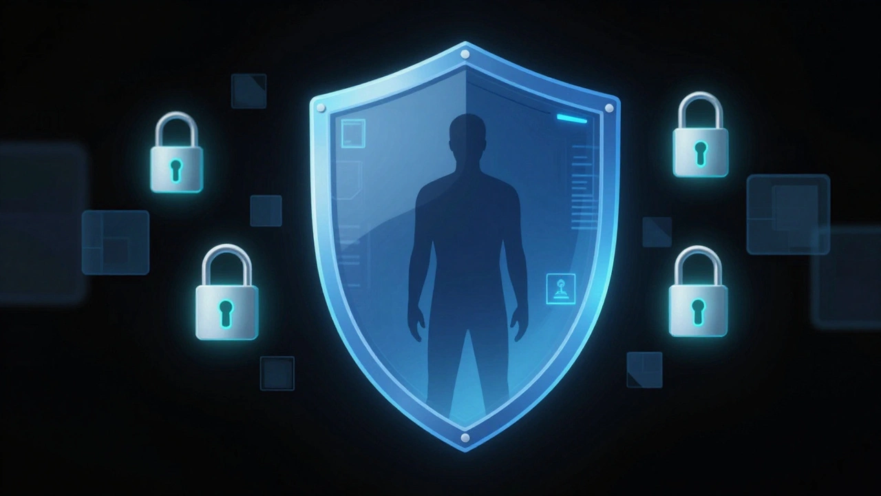 Human silhouette protected by glowing digital shield