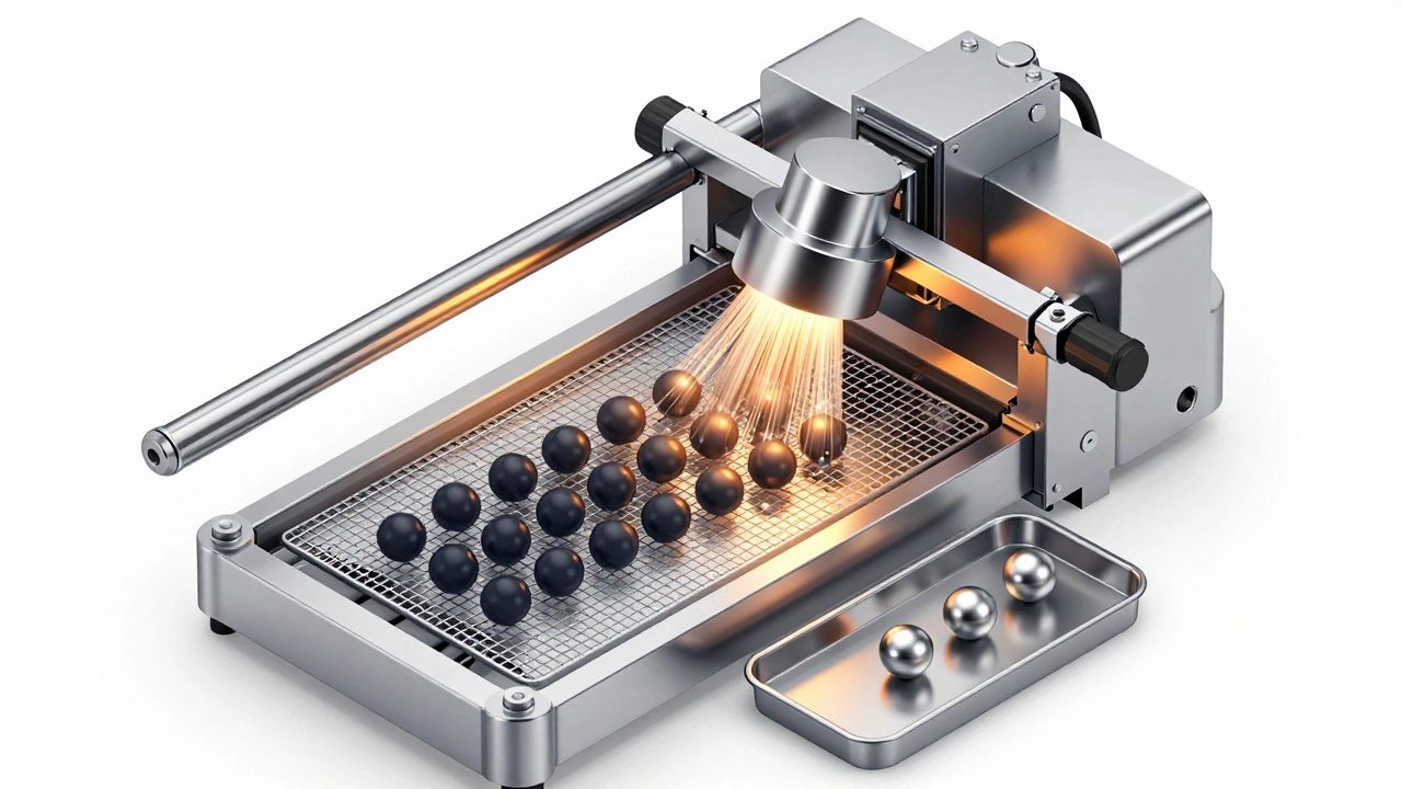 Optical sorting machine filtering spheres representing automated fraud detection processes.