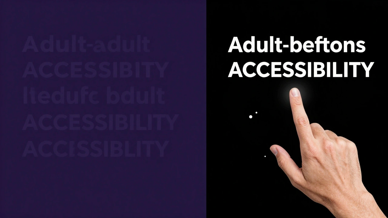Side-by-side comparison of an inaccessible and accessible adult website design with improved contrast and focus indicators.
