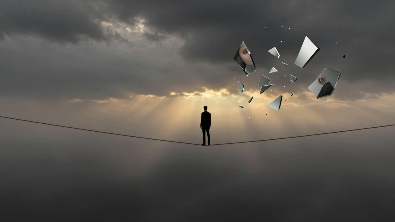 Silhouette on tightrope with floating mirror shards overhead