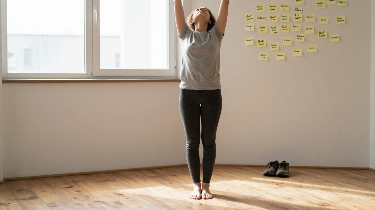 Someone stretching barefoot in sunlight, surrounded by personal affirmations on the wall.
