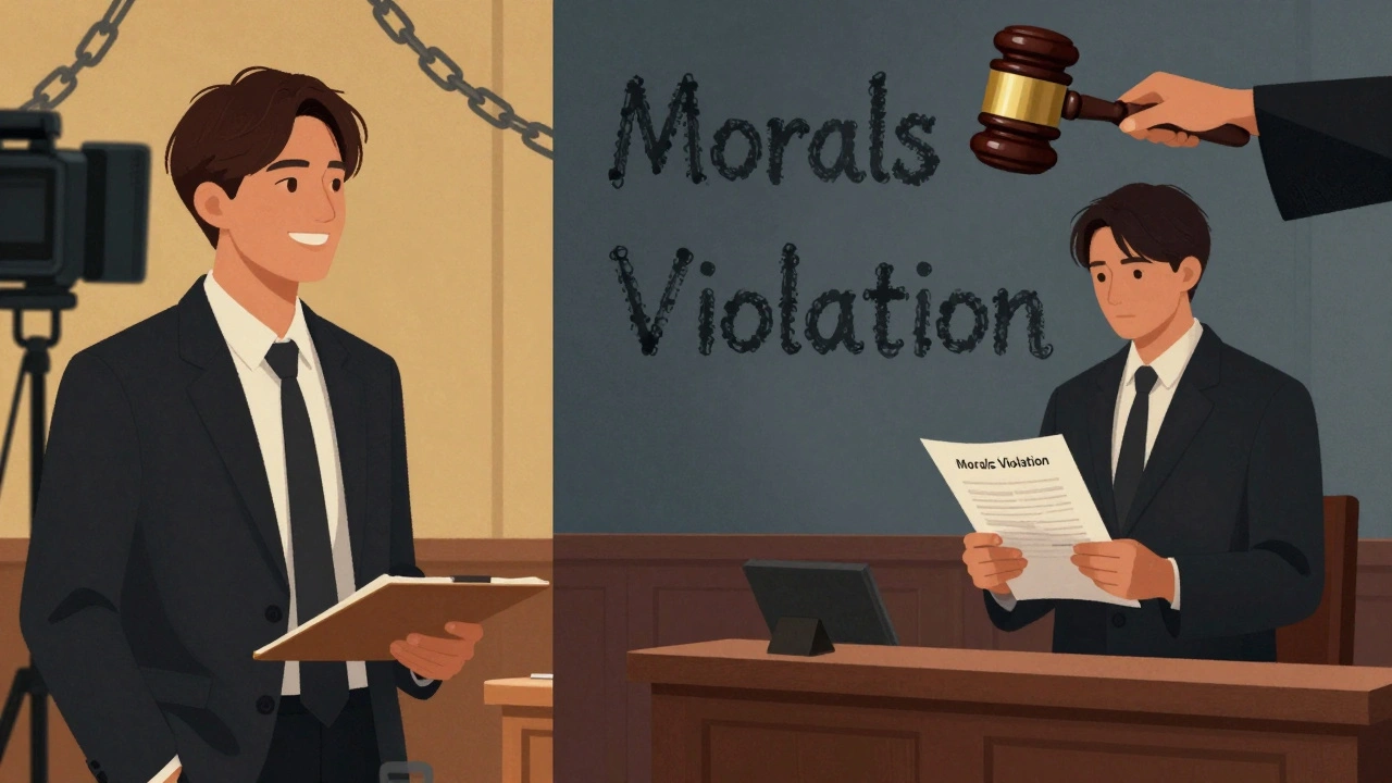 Split image showing a performer's joyful shoot versus a legal battle over a morals clause.