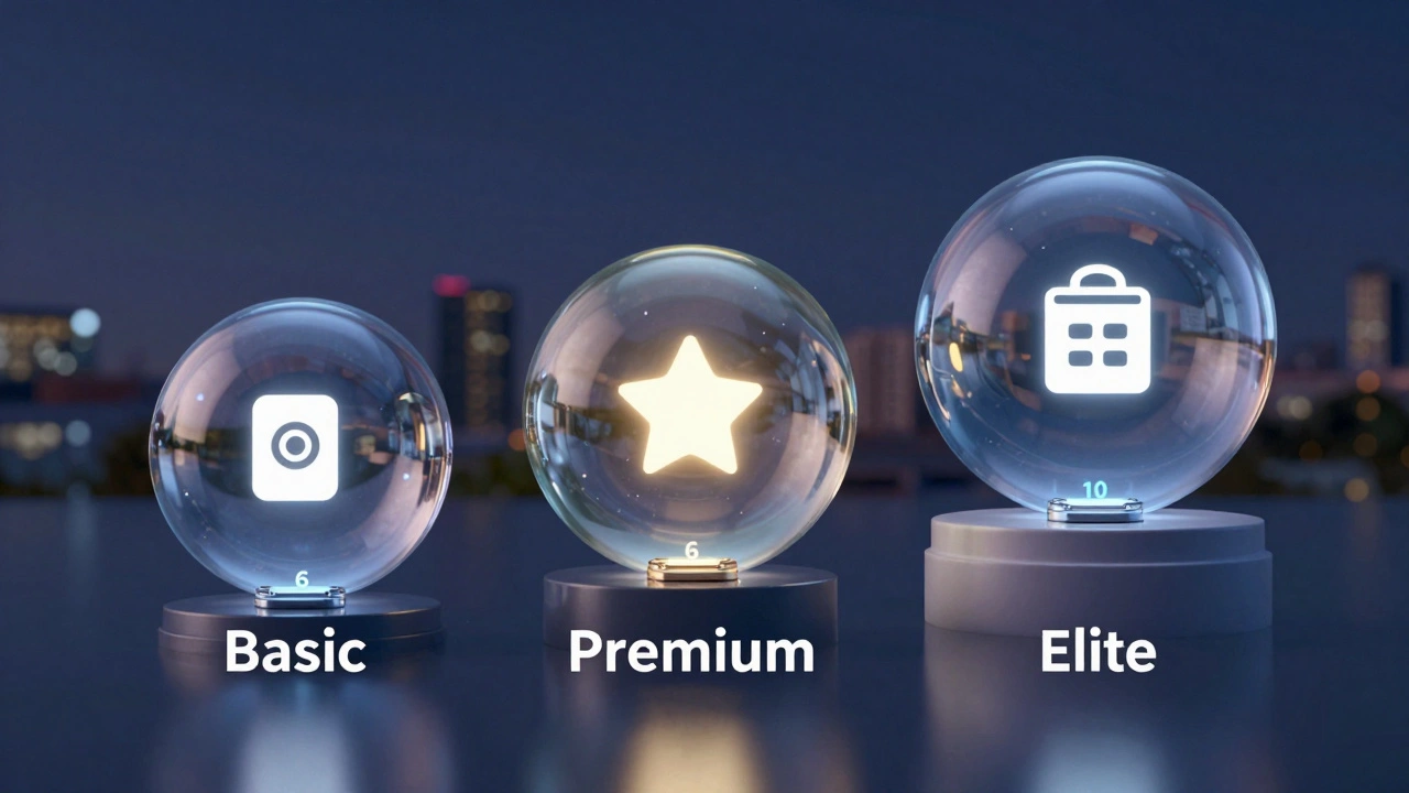 Three floating subscription tiers represented as glowing orbs, each containing curated content for different user levels.