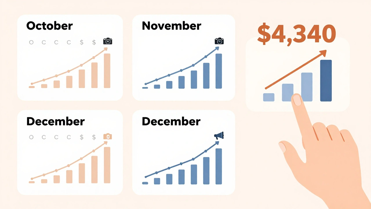 Three-month profit trend for an adult studio with icons showing key expenses and rising net earnings.