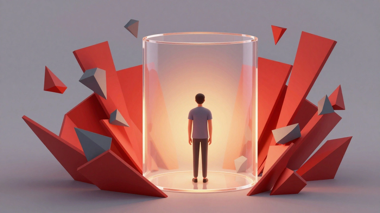 Transparent protective barrier separating person from chaotic incoming message shapes