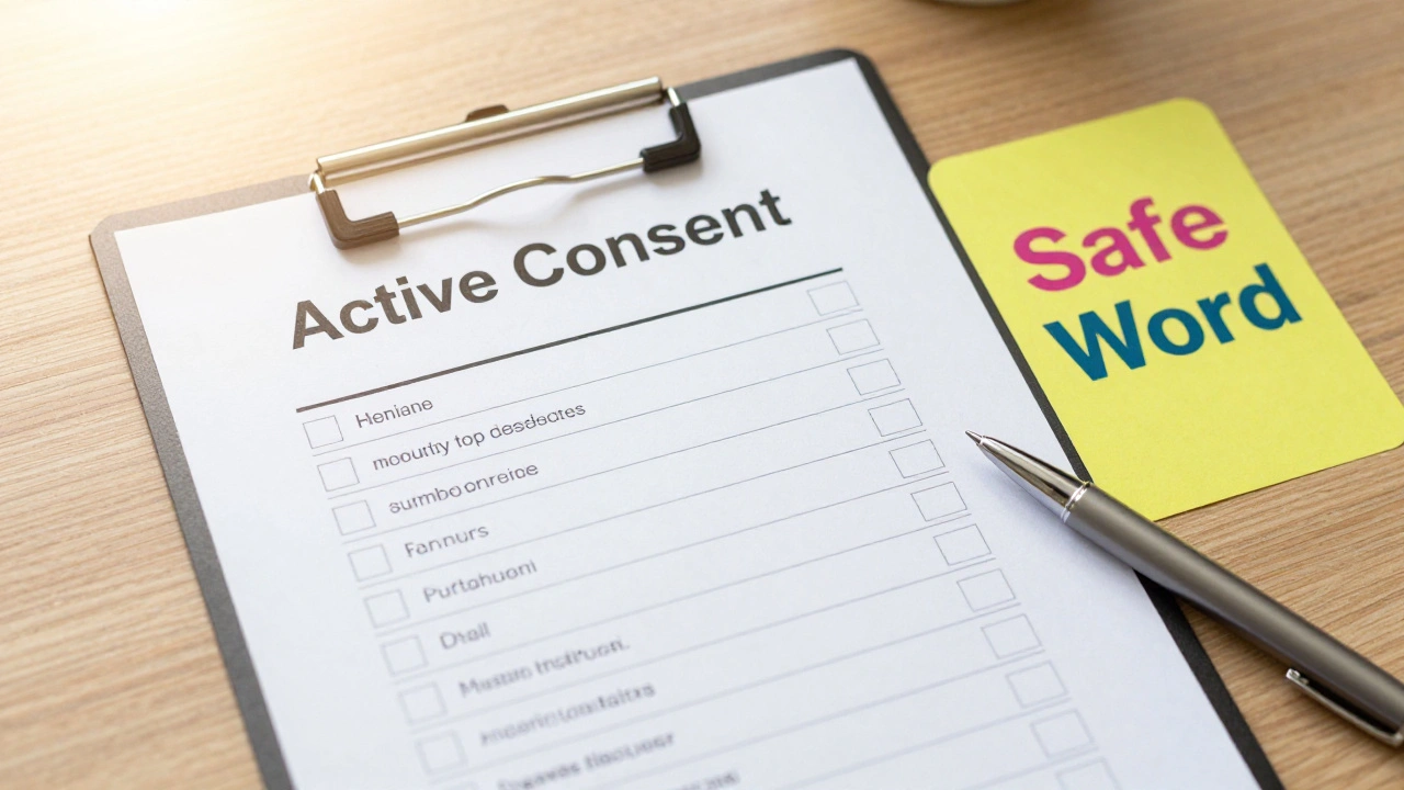 A close-up of a professional consent checklist and a safe word card on a table.