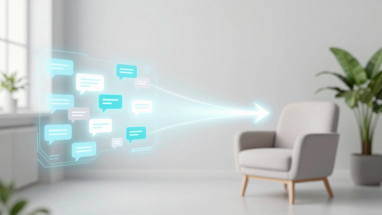 A conceptual blend of a digital encrypted chat space and a professional therapy office.