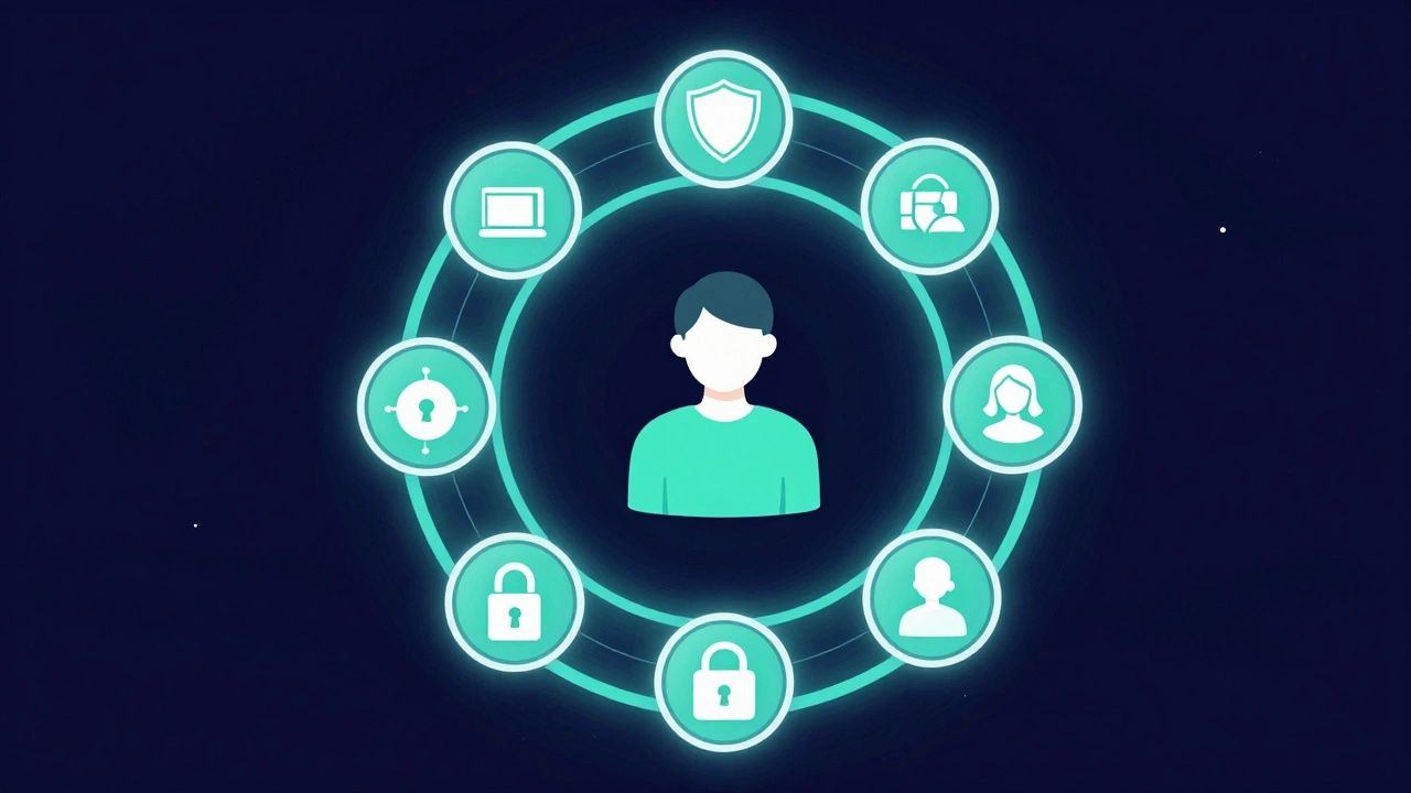 A creator surrounded by glowing protective rings and safety symbols.