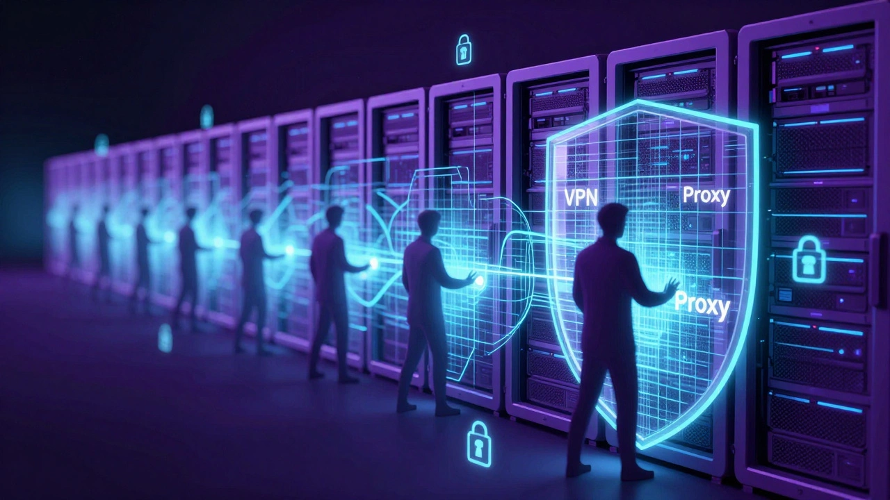 A digital security shield blocking VPN and proxy access attempts to a server.