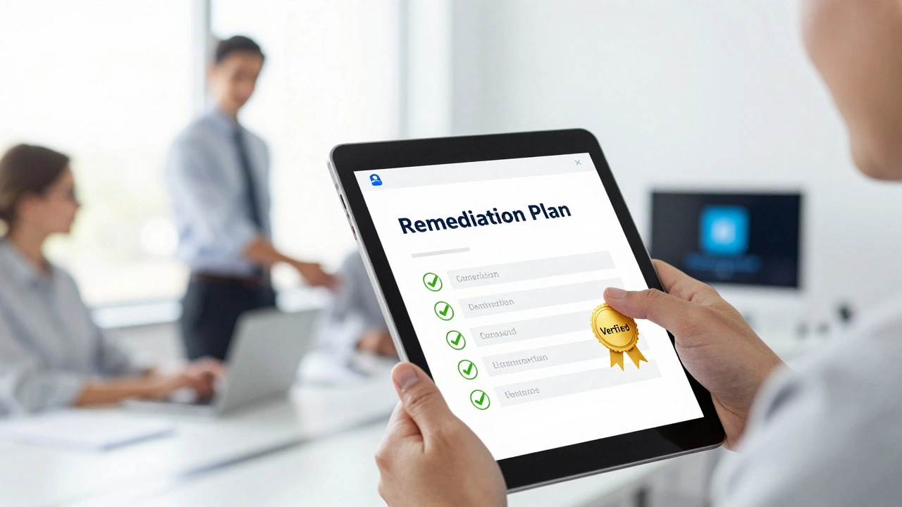 A digital tablet displaying a completed security audit checklist with a gold verification seal.