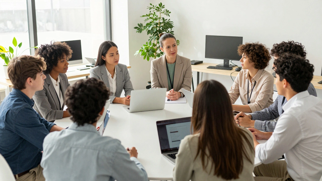 A diverse team of safety specialists and NGO partners collaborating in a bright, modern office.
