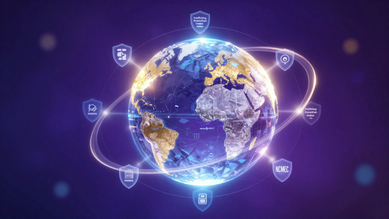 A glowing globe surrounded by interlocking rings and digital shields symbolizing global cooperation.