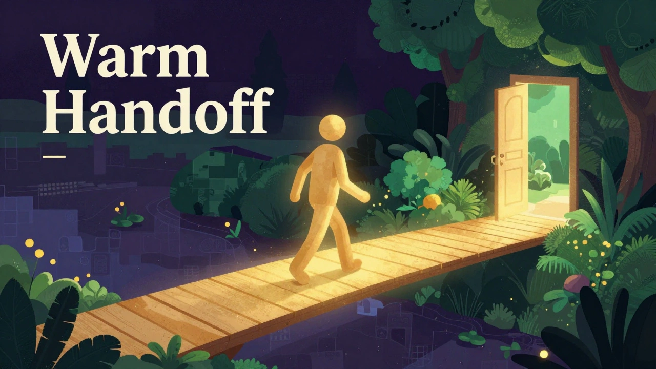 A glowing golden bridge connecting a digital space to a safe, green garden sanctuary.