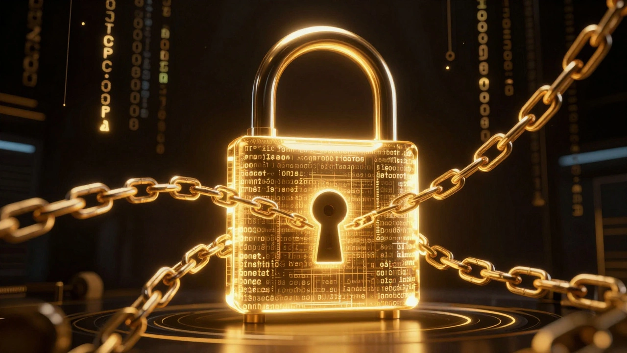 A glowing holographic lock symbolizing a secure digital compliance vault.