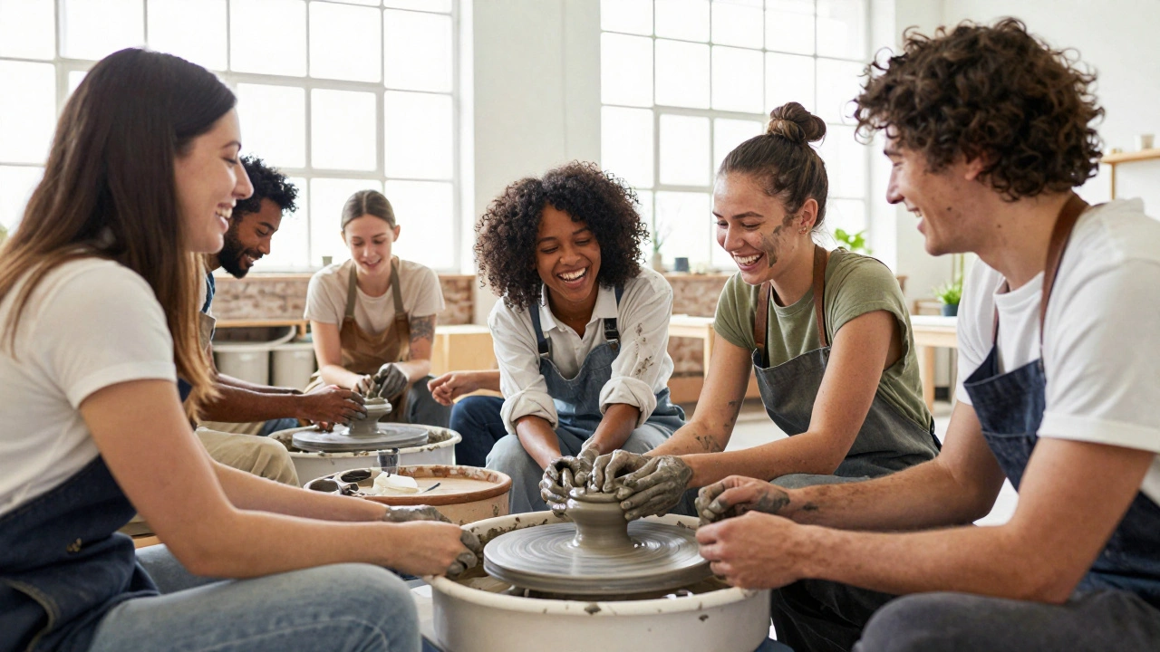 A group of friends laughing while taking a pottery class in a bright, sunlit studio.