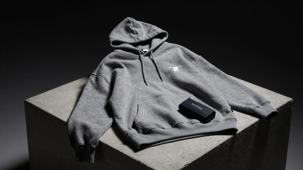 A high-end branded hoodie displayed on a minimalist pedestal with dramatic lighting.