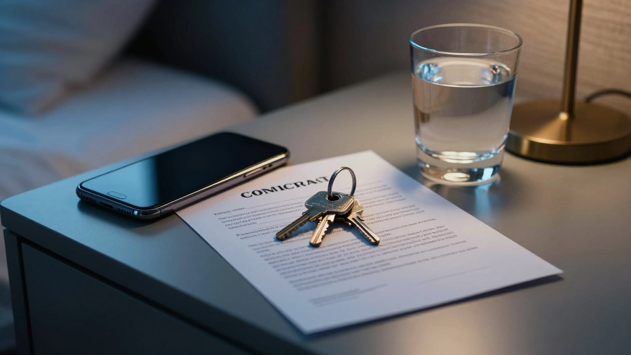 A hotel key and a professional contract on a bedside table in a dimly lit room