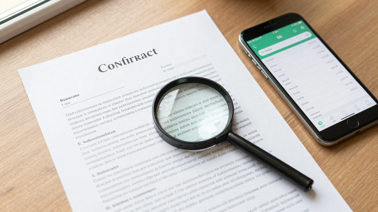 A legal contract and a transparent financial ledger on a desk under a magnifying glass.
