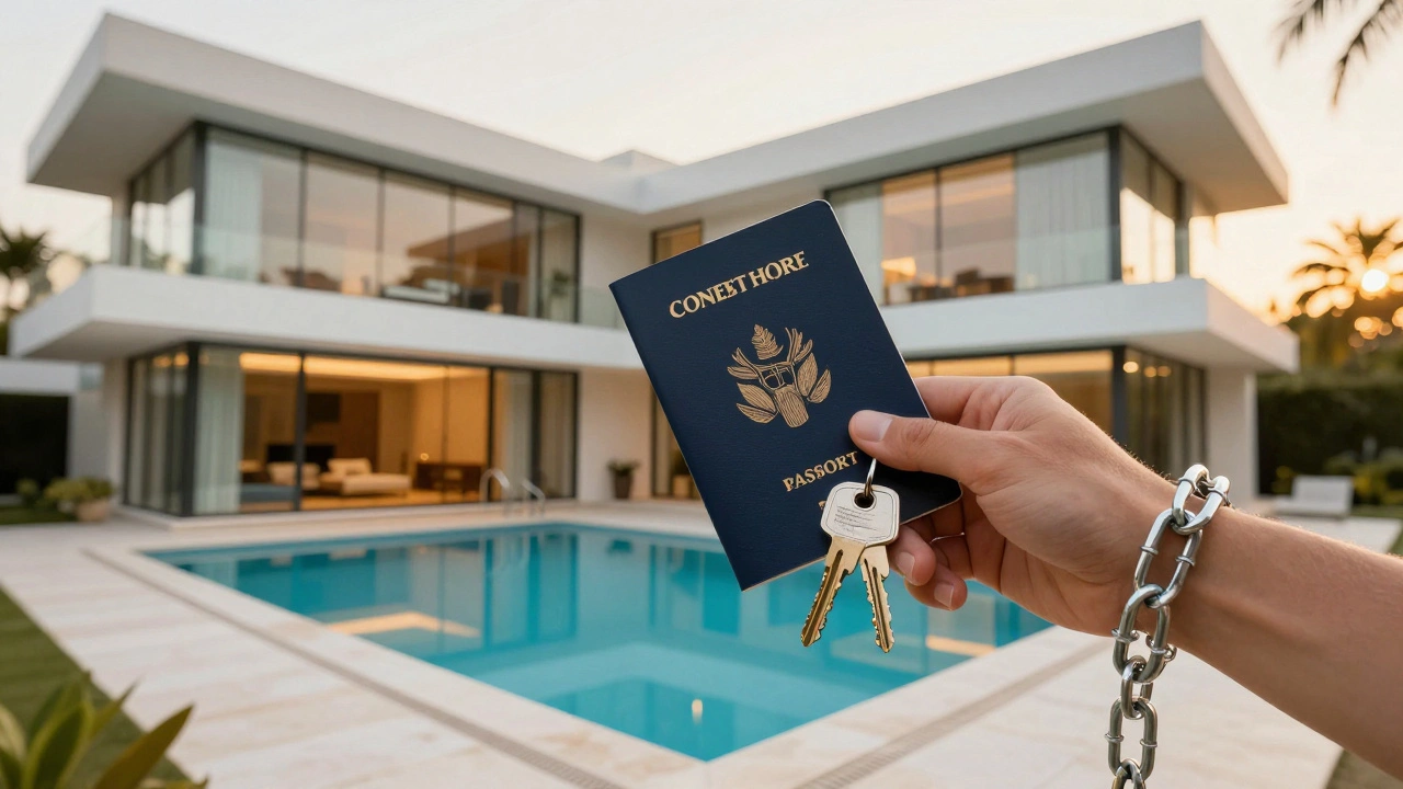A luxury villa with a subtle digital chain around a person's wrist holding a passport.