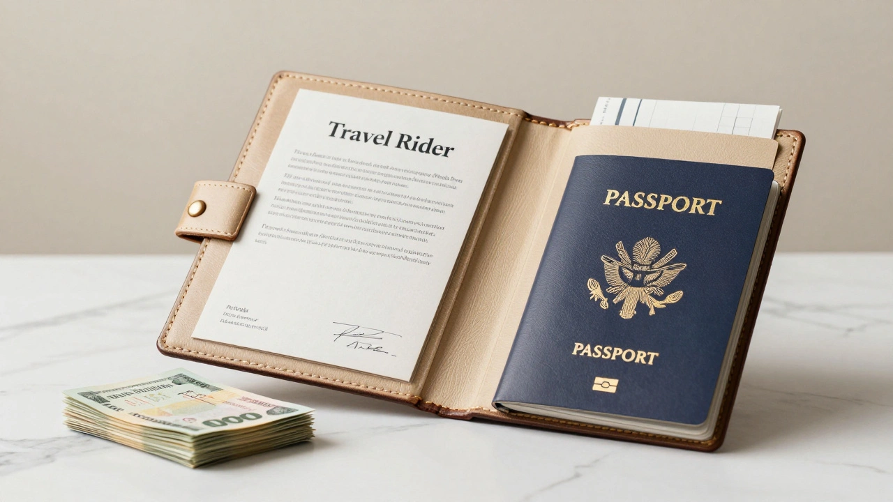 A passport, travel rider document, and cash arranged on a marble surface