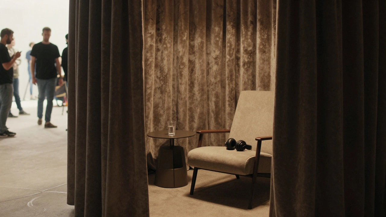 A peaceful, curtained-off quiet zone with a lounge chair on a busy production set.