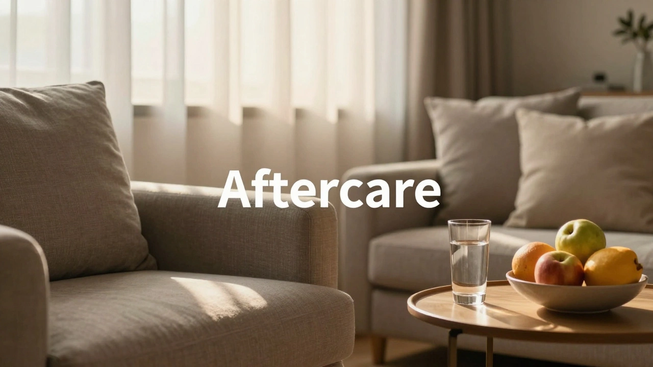 A peaceful, sunlit private lounge area with water and snacks for performer aftercare.