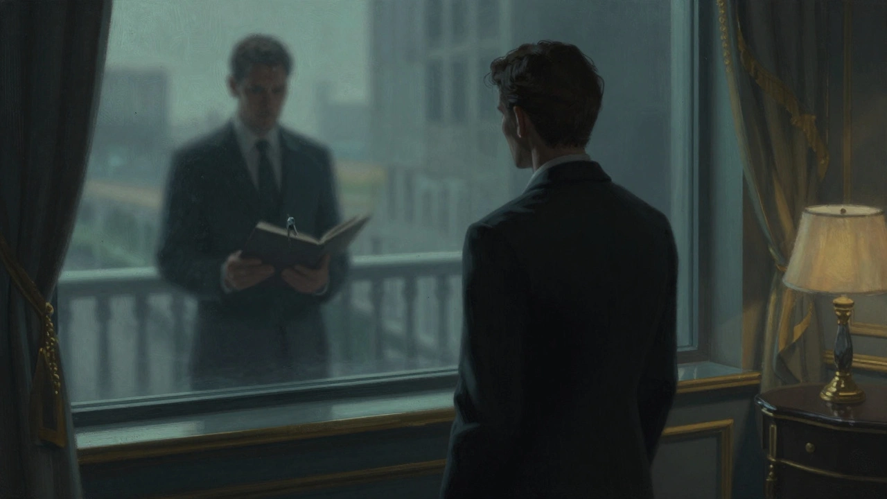 A person in a luxury room feeling trapped by a manager in the shadows.