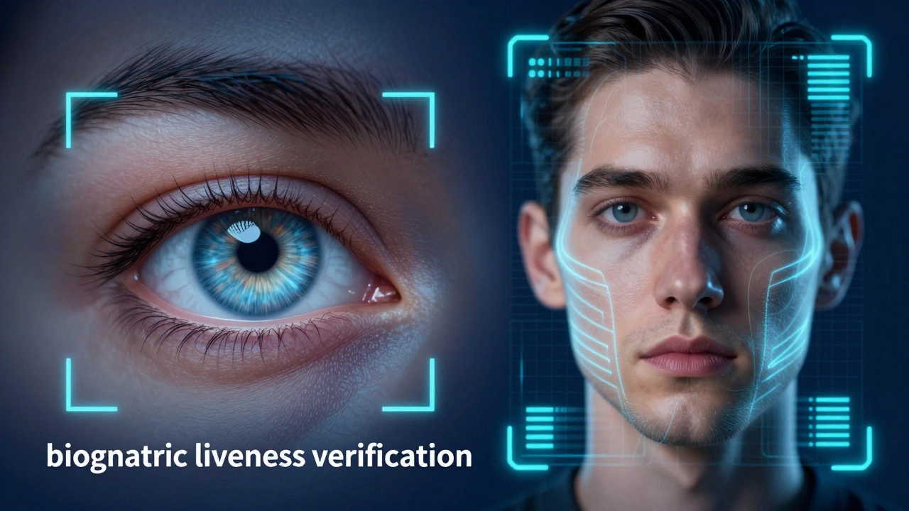 A person undergoing a biometric liveness check with facial scanning grids.