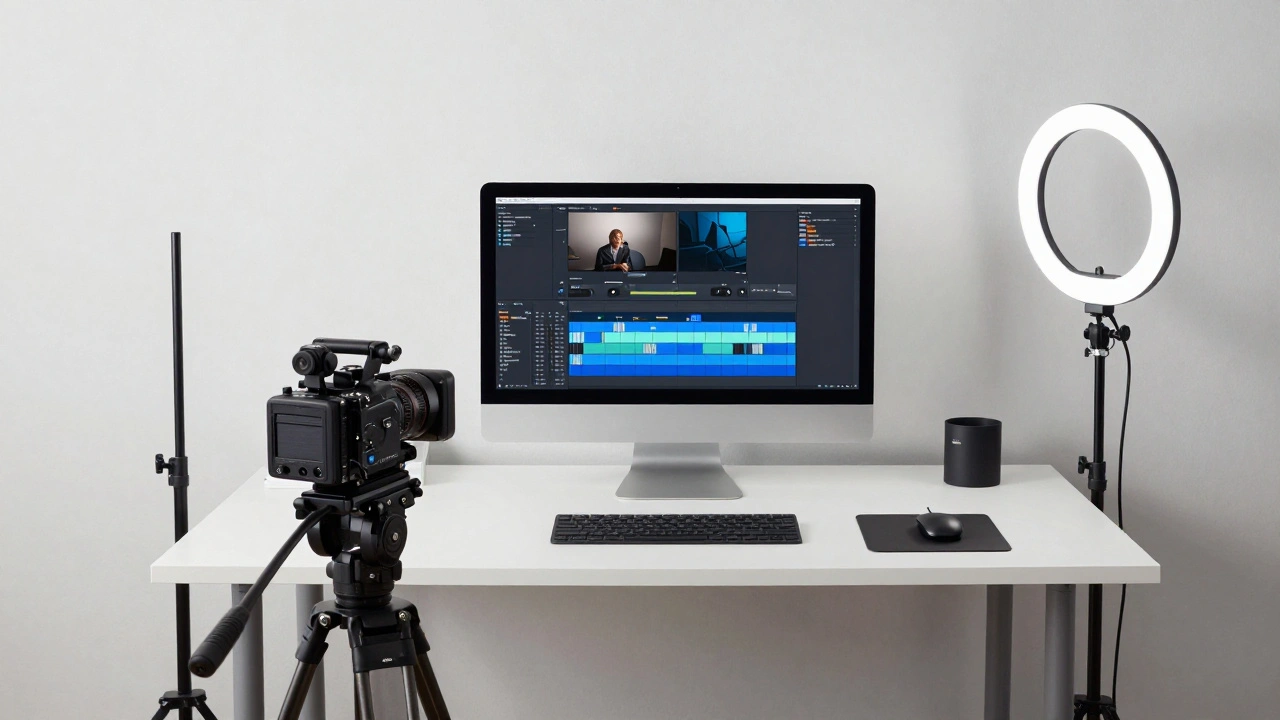 A professional home studio with a camera and editing monitor representing digital content production