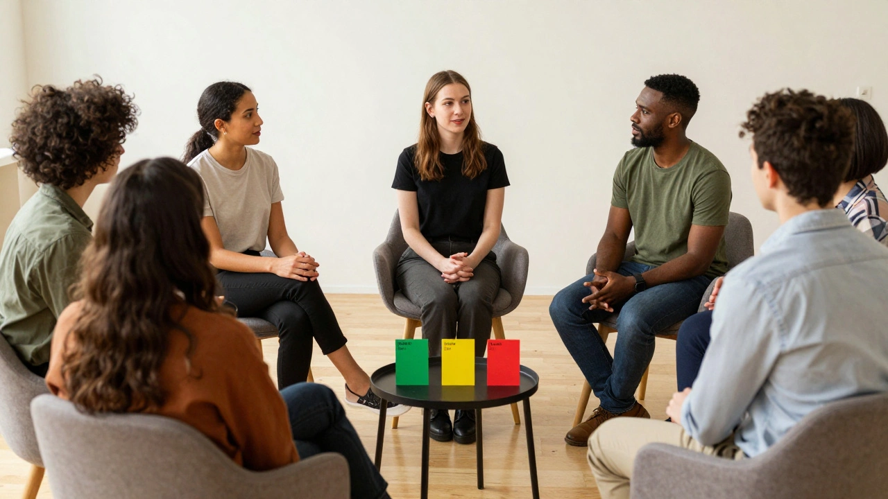 A professional team discussing boundaries on set with green, yellow, and red signal cards on a table.