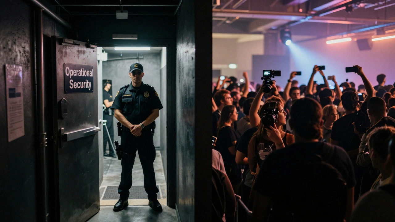 A secure backstage service entrance separated from a crowded public event area by a security guard.