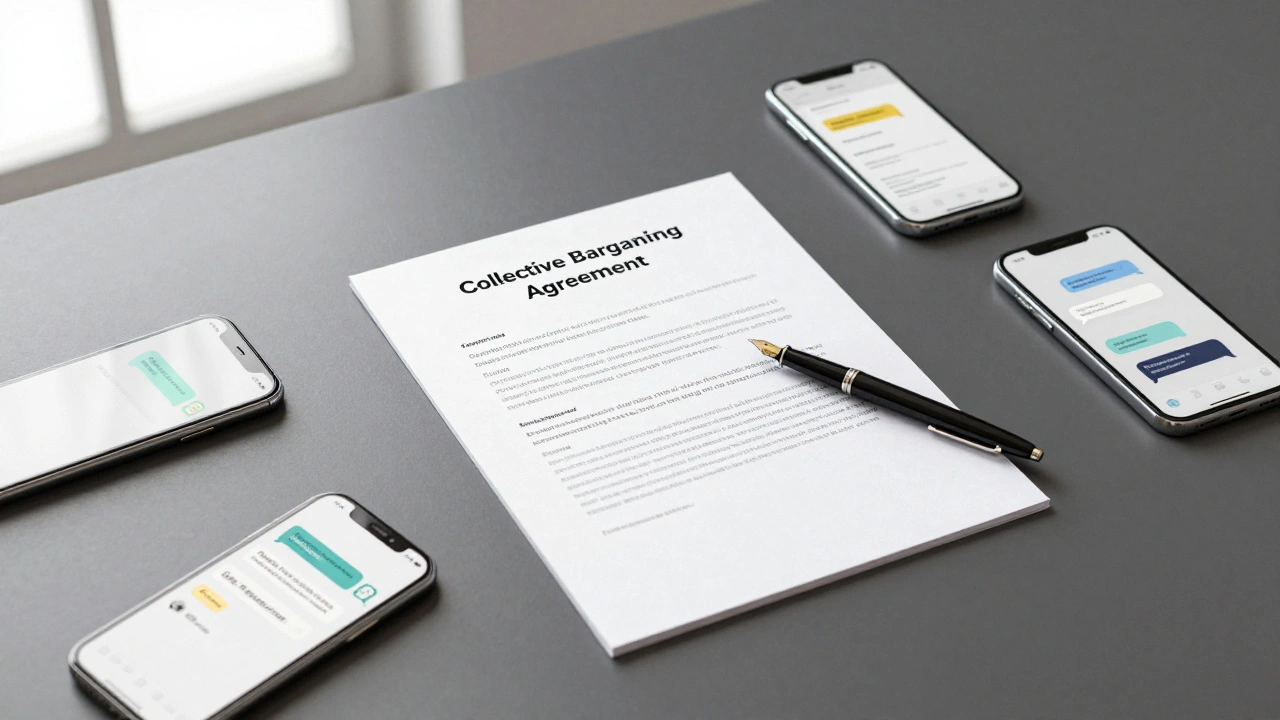 A signed collective bargaining agreement on a table next to smartphones, representing a successful union effort.