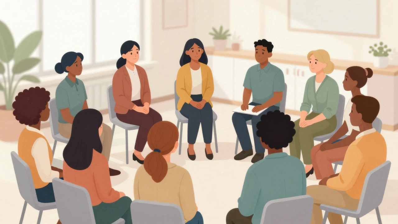 A supportive group of people in a bright room having a confidential wellness conversation.