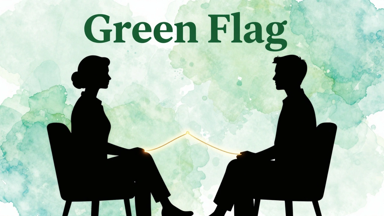 Abstract illustration of a therapist and client connected by a golden thread of trust.