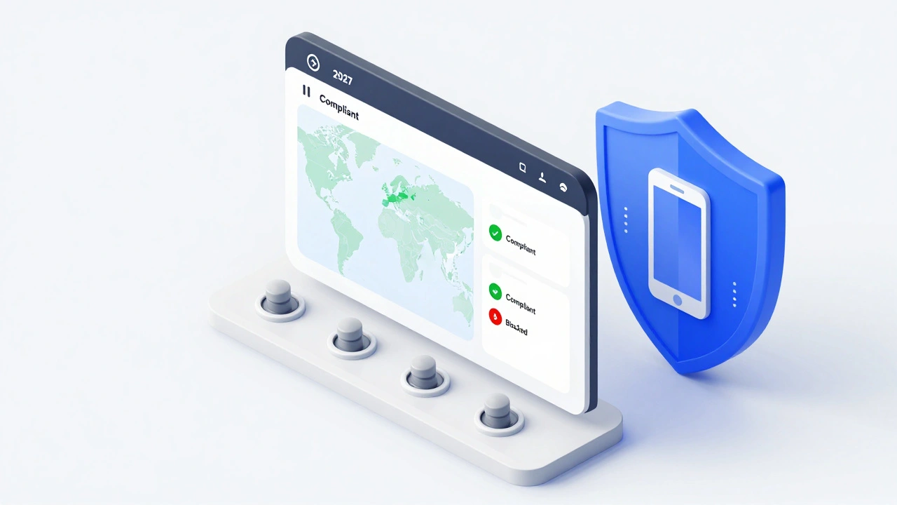 An isometric 3D render of a compliance dashboard integrating geoblocking and payment security.