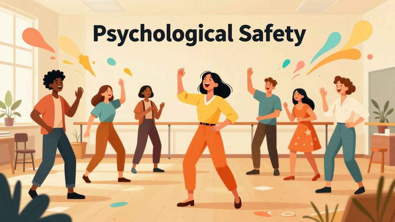 Artists laughing and experimenting freely in a supportive, colorful rehearsal space.