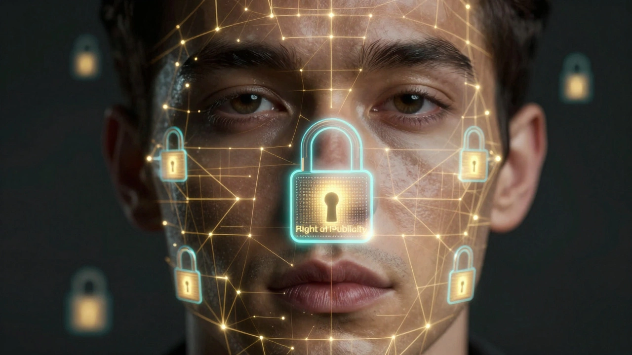 Close-up of a face with a holographic gold grid and locks symbolizing biometric data protection.