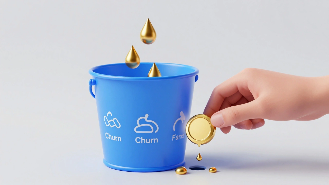 Conceptual illustration of a bucket with golden droplets leaking to represent fan churn.