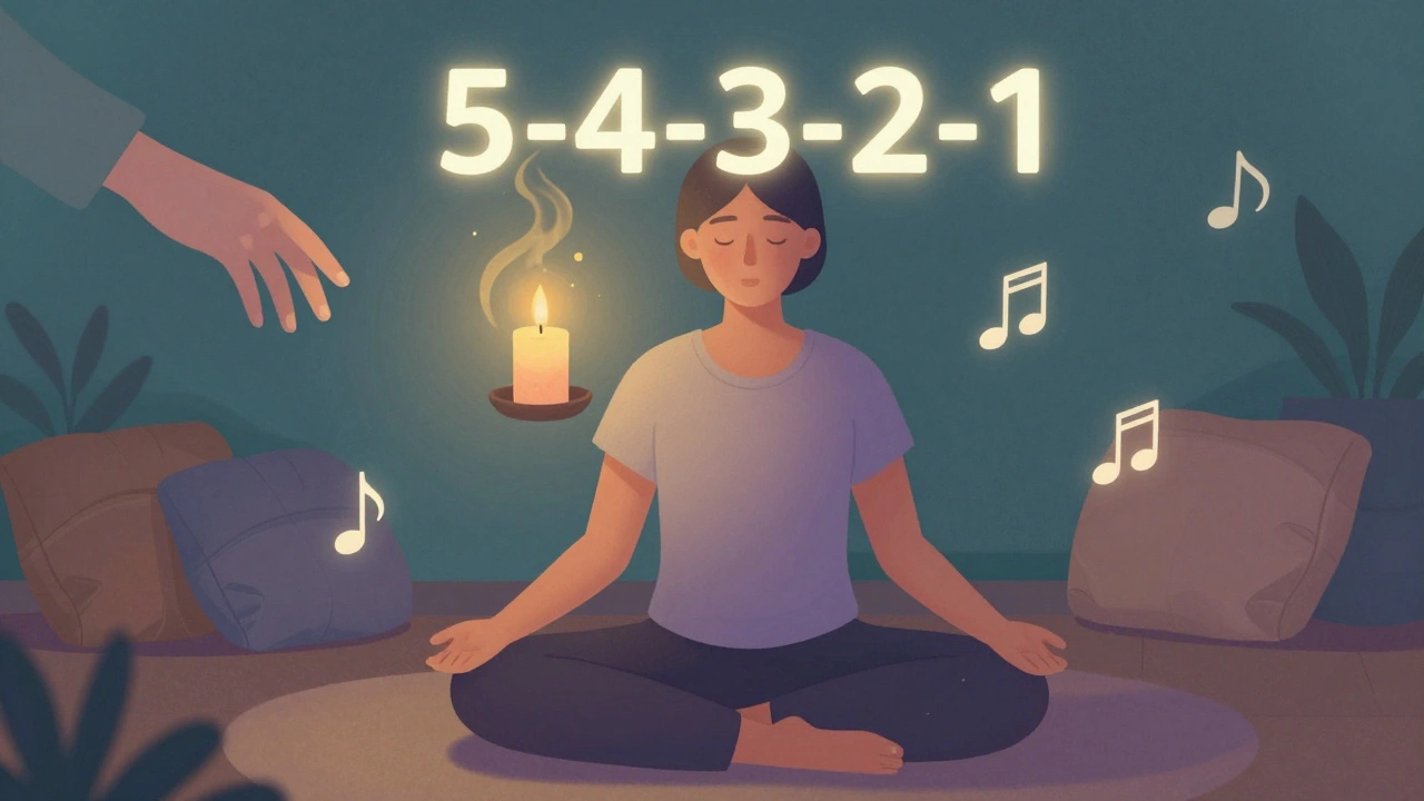 Conceptual illustration of a person practicing somatic grounding with sensory elements floating around them.