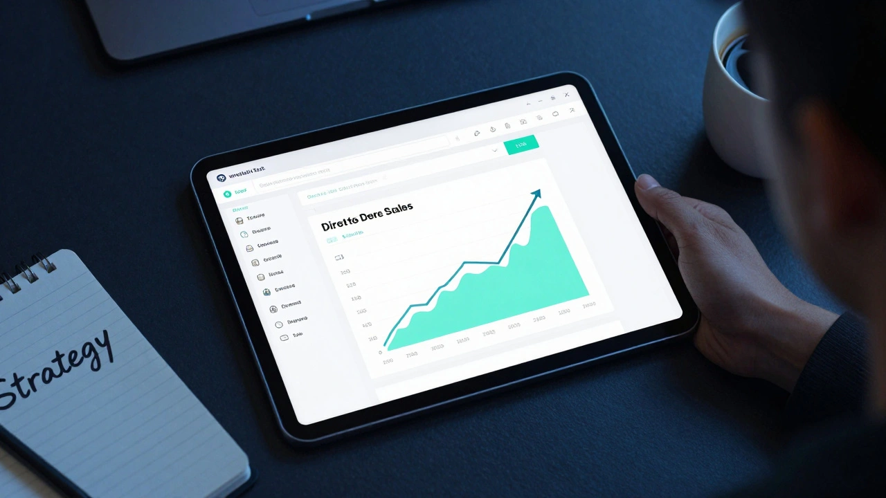 Digital dashboard showing a growth graph and a mailing list on a tablet for direct-to-consumer business.