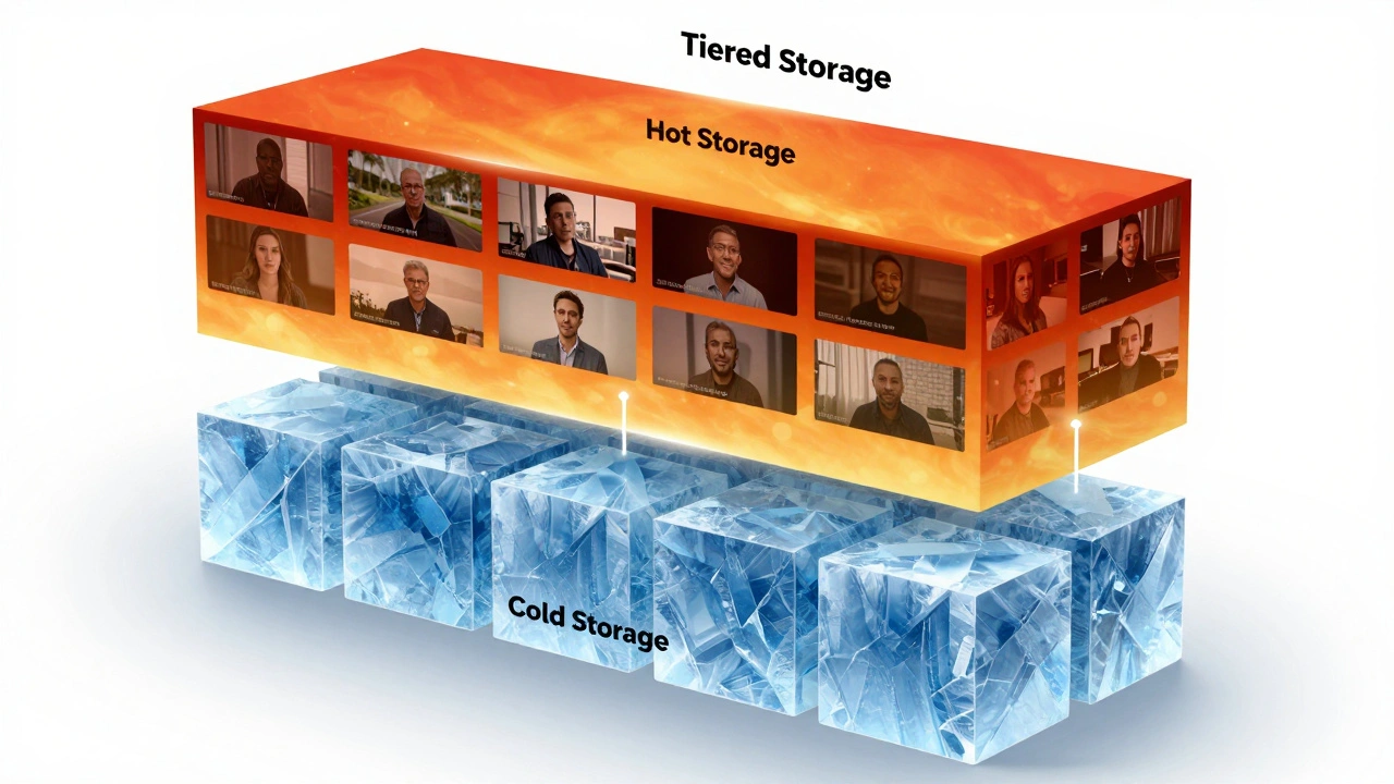 Digital illustration showing the transition of data from hot high-performance to cold low-cost storage.