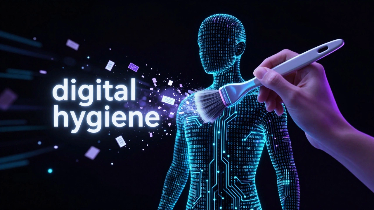 Digital silhouette of a person having personal data fragments erased in a high-tech neon environment.