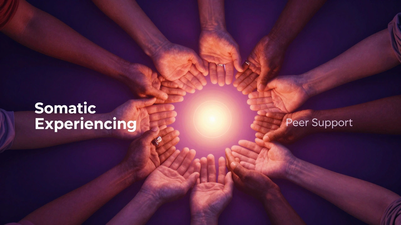 Diverse hands linked in a circle around a glowing light symbolizing community support.