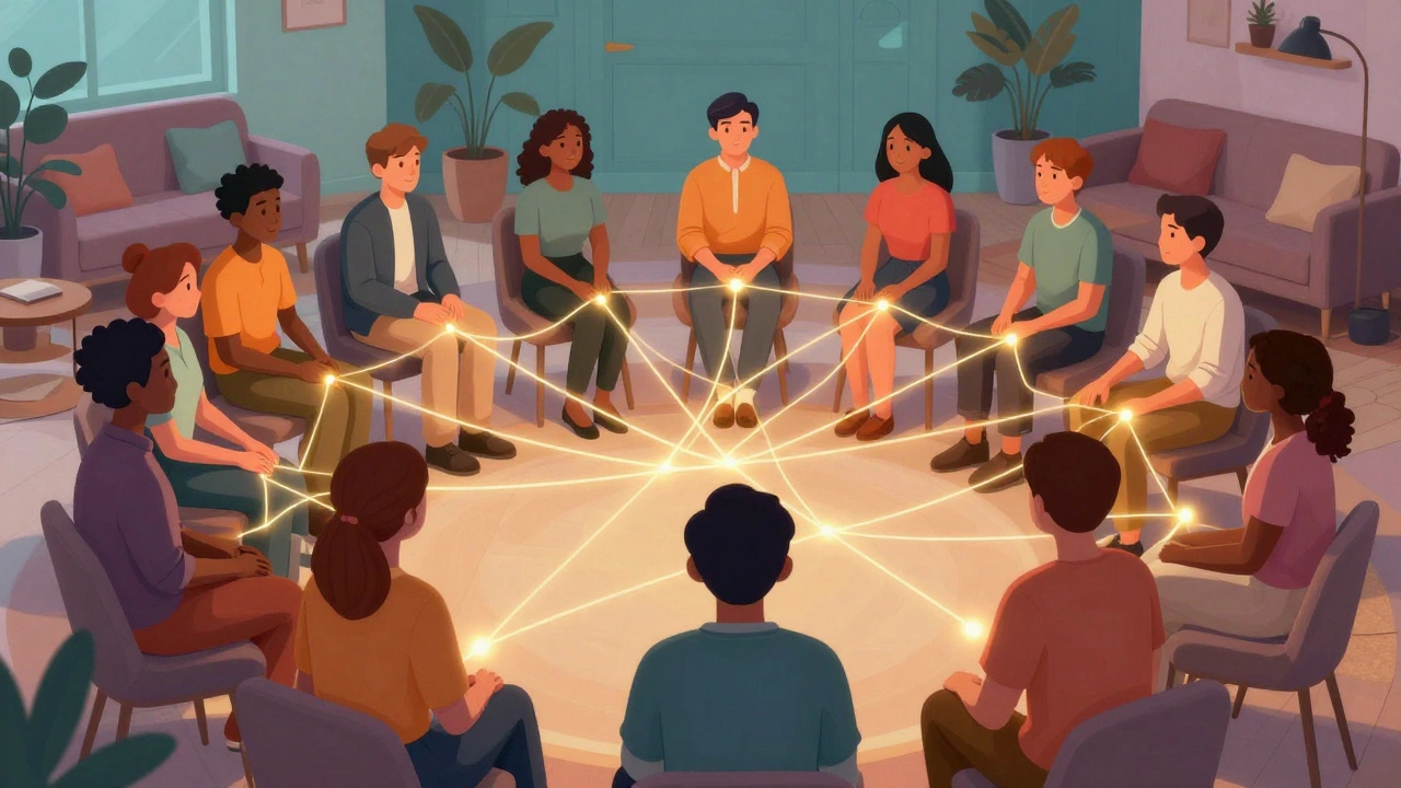 Diverse people in a circle connected by glowing golden threads of light symbolizing mutual support.