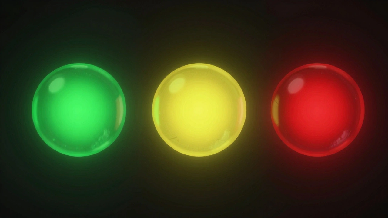 Glowing green, yellow, and red spheres representing a safe word communication system