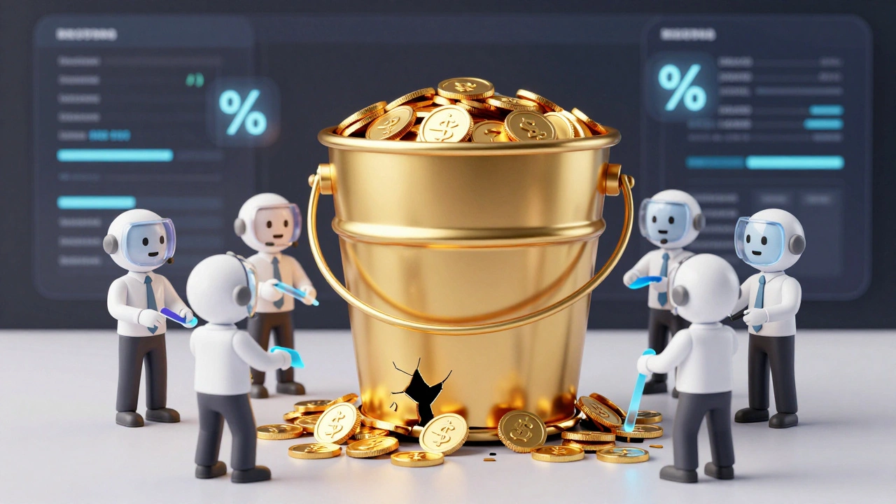 Holographic agents plugging leaks in a golden bucket of coins to save revenue.