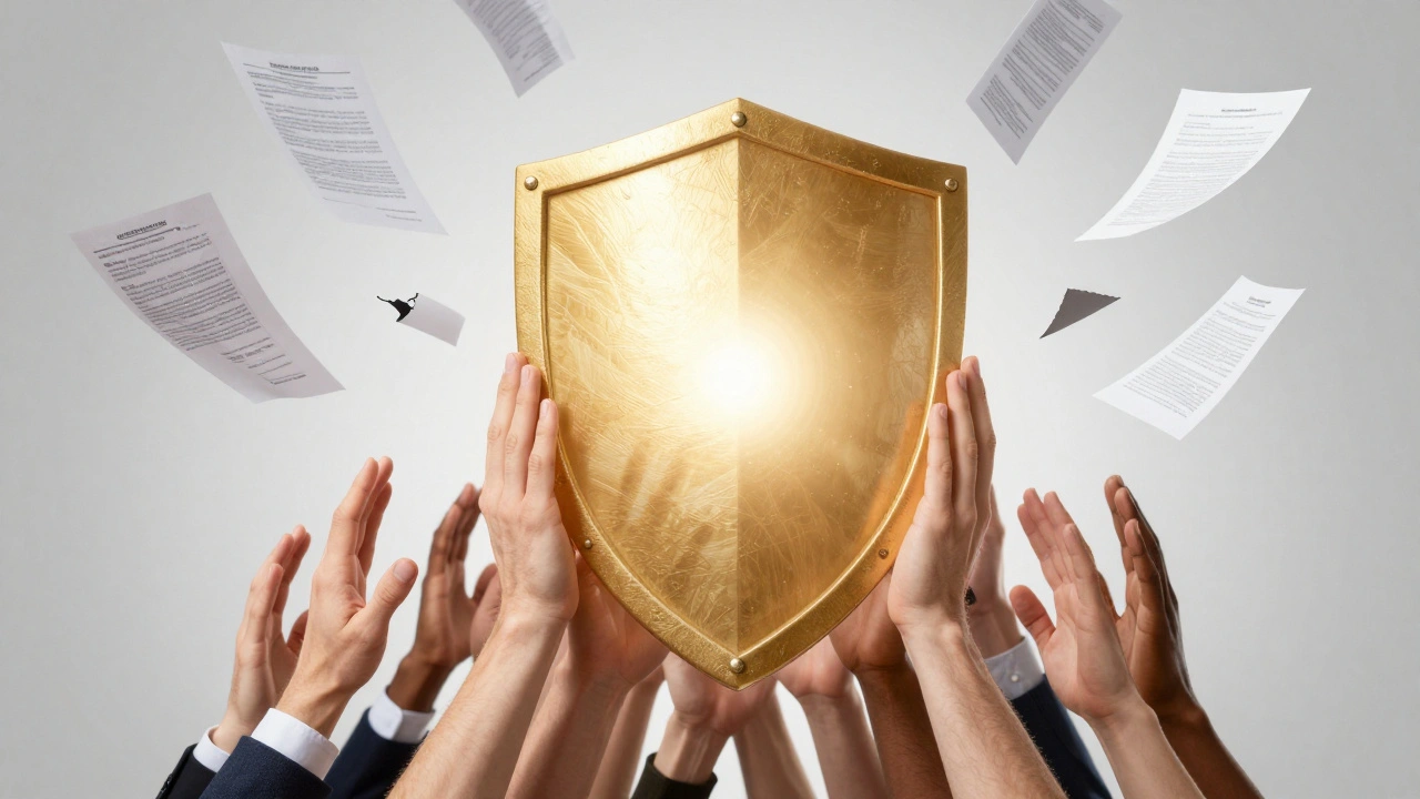 Interlocking hands forming a protective shield against falling contracts, symbolizing collective bargaining.