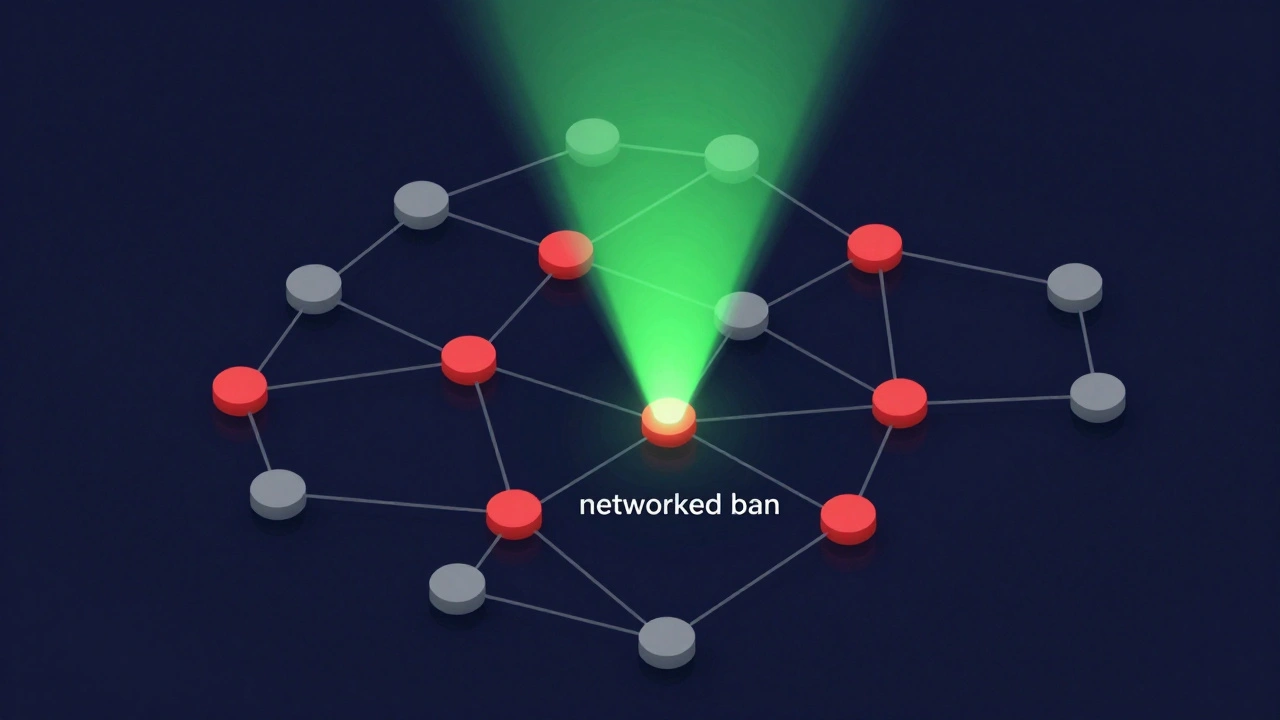 Isometric view of a digital network with a red cluster of accounts being targeted by a green scanner.