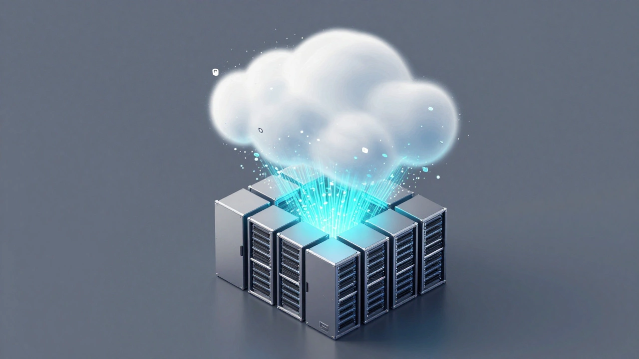 Isometric view of hybrid cloud architecture combining bare-metal servers with cloud bursting.